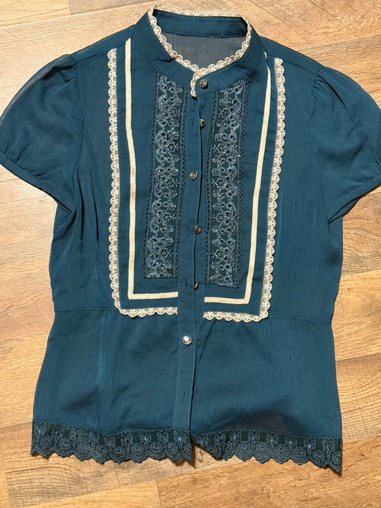 None Tops - Teal Lace-Trim Sheer Short Sleeve Blouse